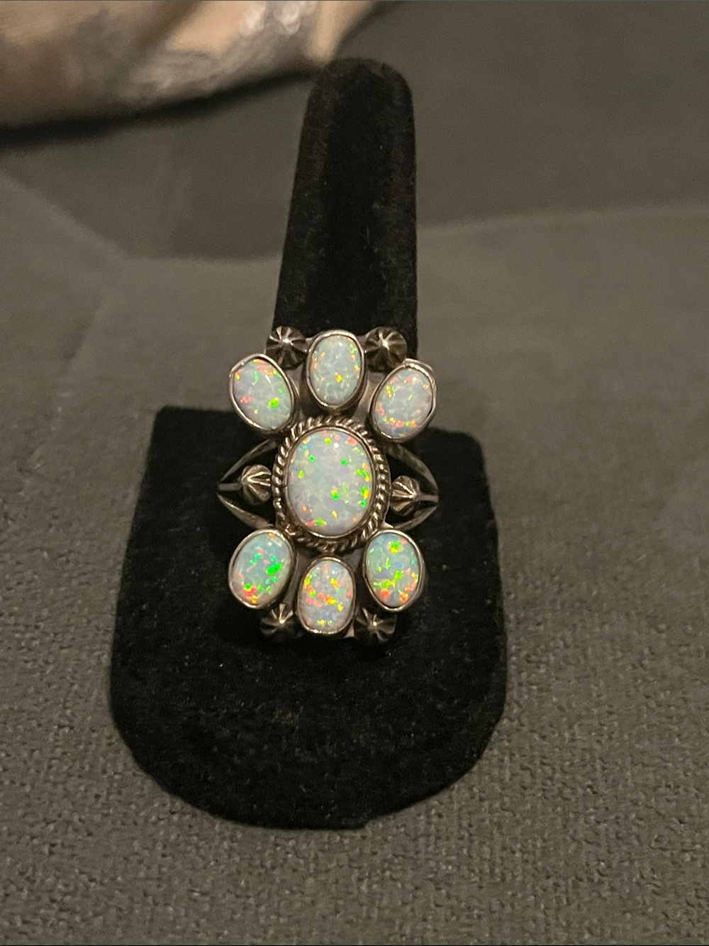 Running Bear Sterling Silver White Opal Floral Cluster Ring